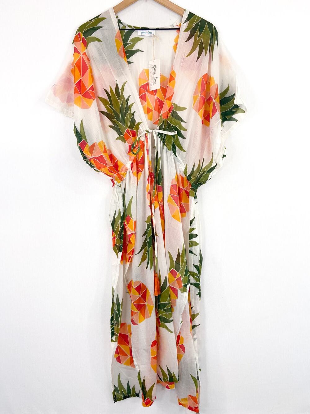 NEW Women's Pineapple Print Swim Coverup Cotton Duster Cardigan Lightweight M